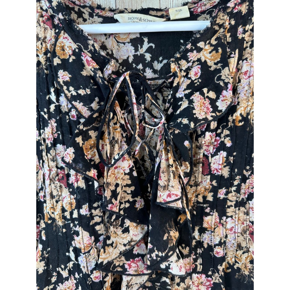 Vintage Denim & Supply Ralph Lauren Women's Top SP Black Floral‎ Ruffle Lace Up - Picture 3 of 8